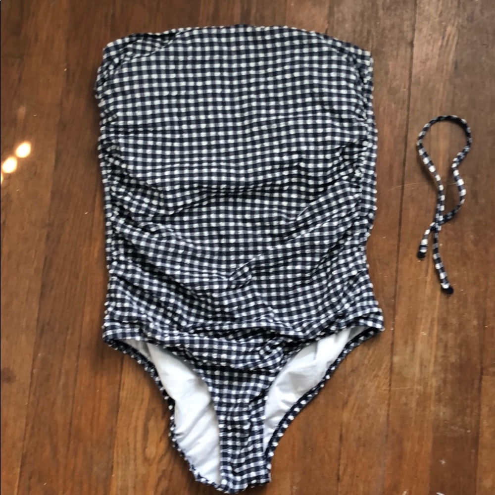 J Crew Blue Seersucker Strapless Swim Suit Size 12